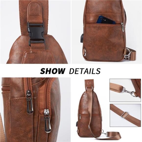 Men's Leather Sling Bag Shoulder Crossbody Chest Bag with USB Charge - Picture 3 of 5